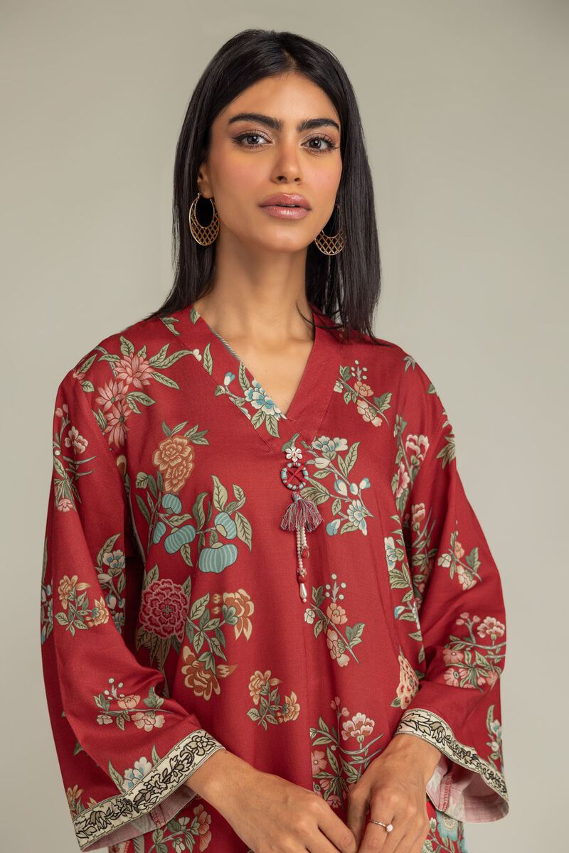 Printed | Raw Silk | Floral Red Kurta | USD 40.00