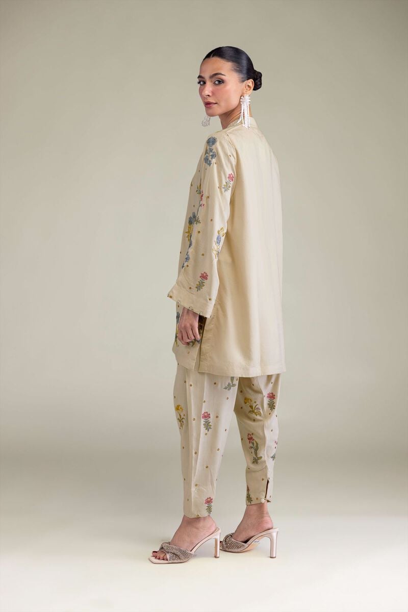 Embroidered | Raw Silk | Floral Beige Shalwar | USD 35.00