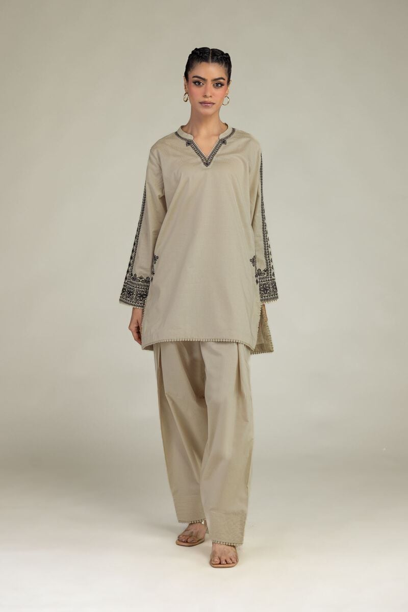 Embroidered | Cotton Dobby | Beige V-Neck Kurta | USD 45.00