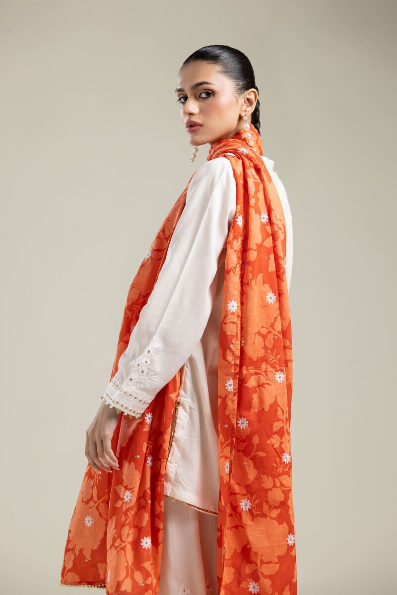 Embroidered | Textured Weave | Orange Floral Dupatta | USD 35.00