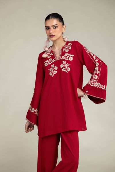 Embroidered | Raw Silk | Red Silk Kurta | USD 45.00