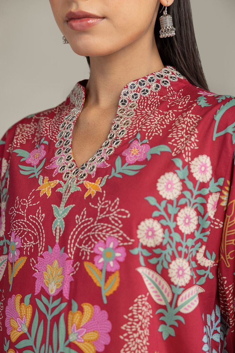 Embroidered | Cotton Viscose | Floral Red Kurta | USD 45.00