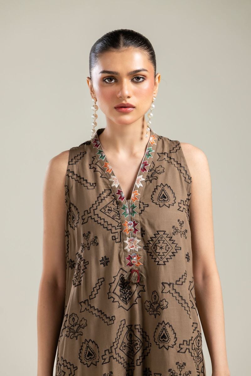 Embroidered | Raw Silk | Brown Sleeveless Kurta | USD 55.00