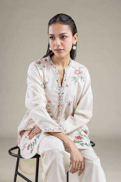 Embroidered | Textured Cambric | Floral V-Neck Kurta | USD 40.00