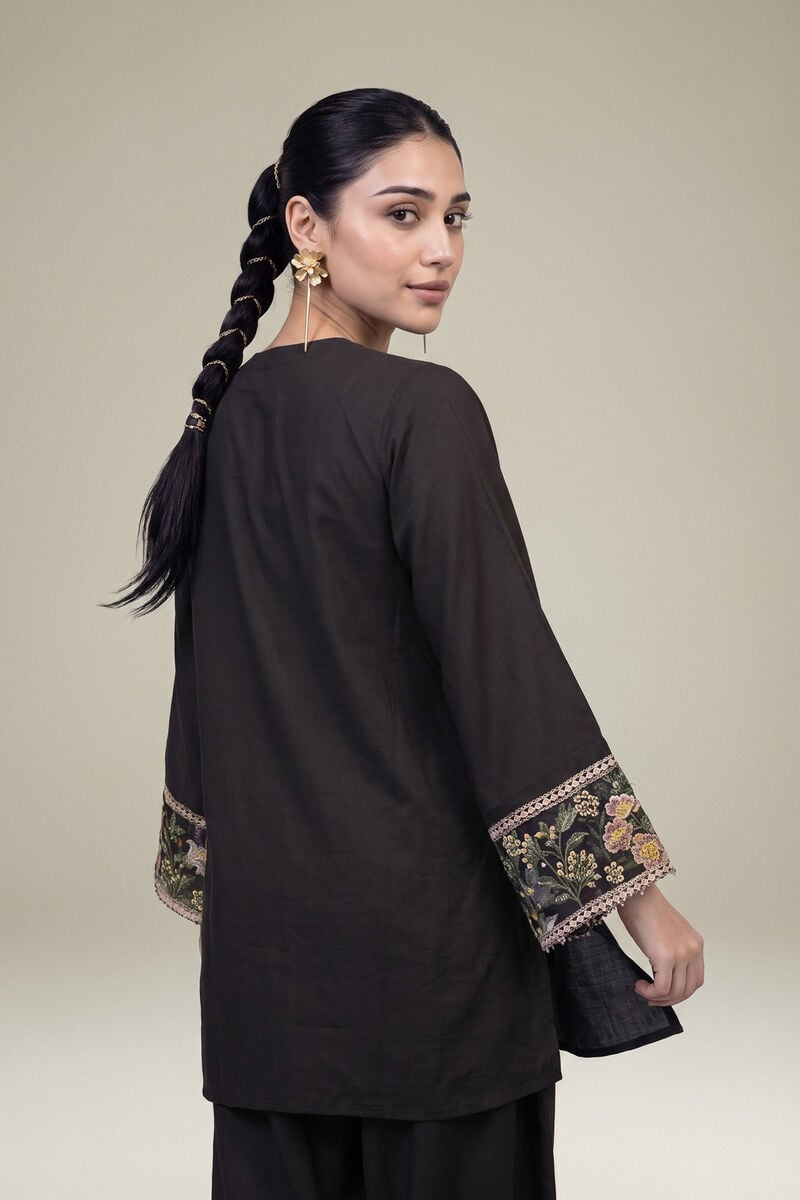 Embroidered | Raw Silk | Black V-Neck Kurta | USD 60.00