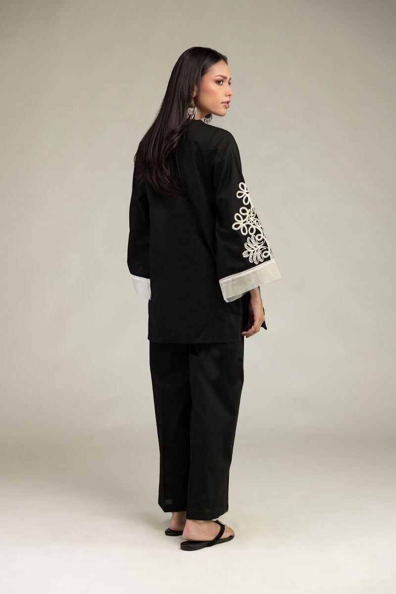 Embroidered | Cotton Dobby | Black V-Neck Kurta | USD 35.00