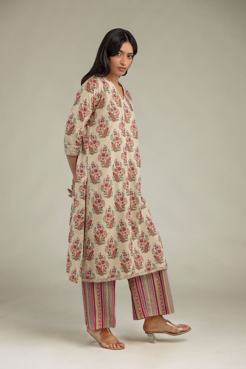 Embroidered | Cambric | Beige Cambric Kurta | USD 40.00