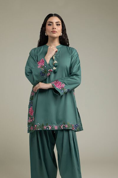Embroidered | Cambric | Teal Floral Kurta | USD 40.00
