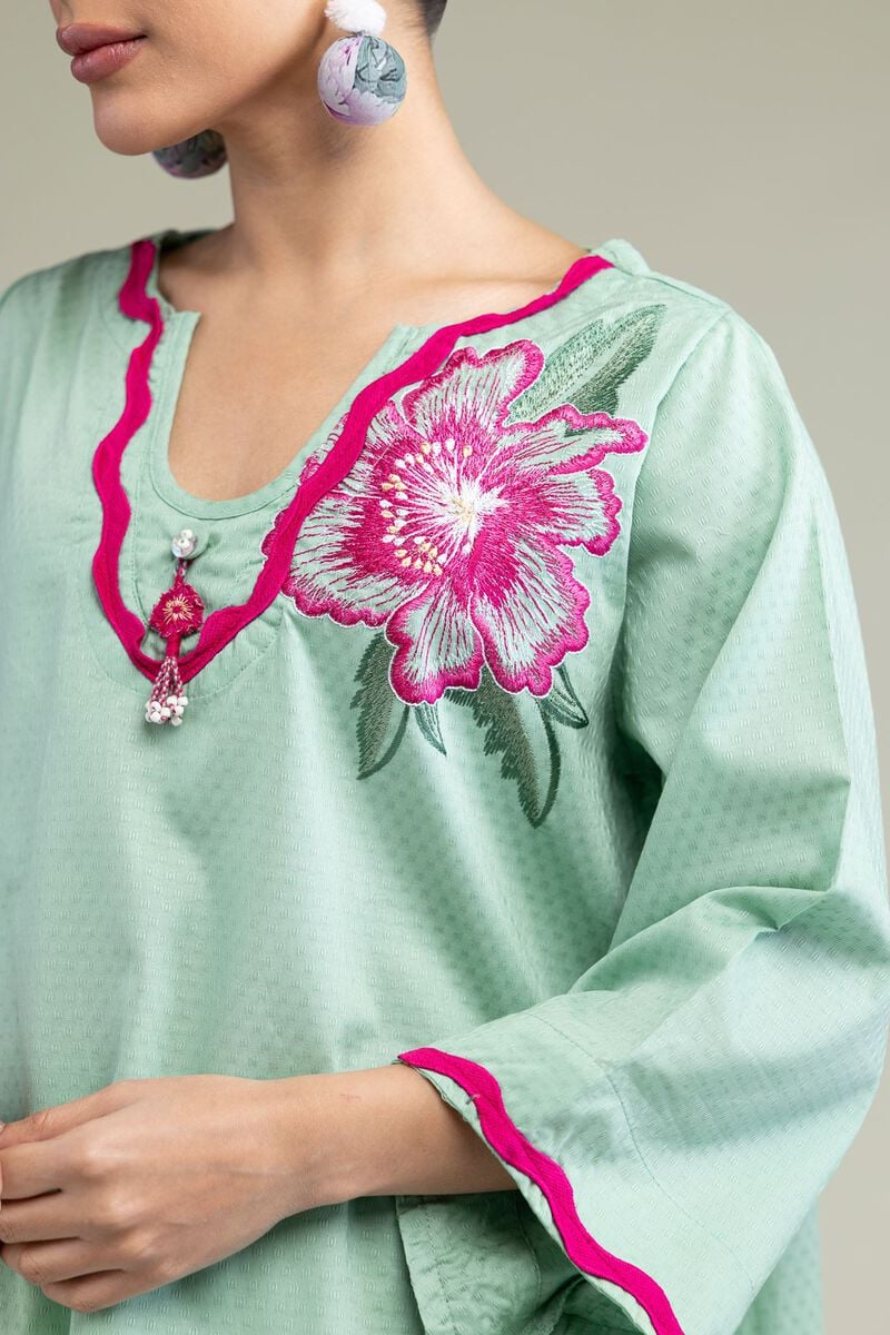 Embroidered | Cotton Dobby | Floral Mint Kurta | USD 40.00