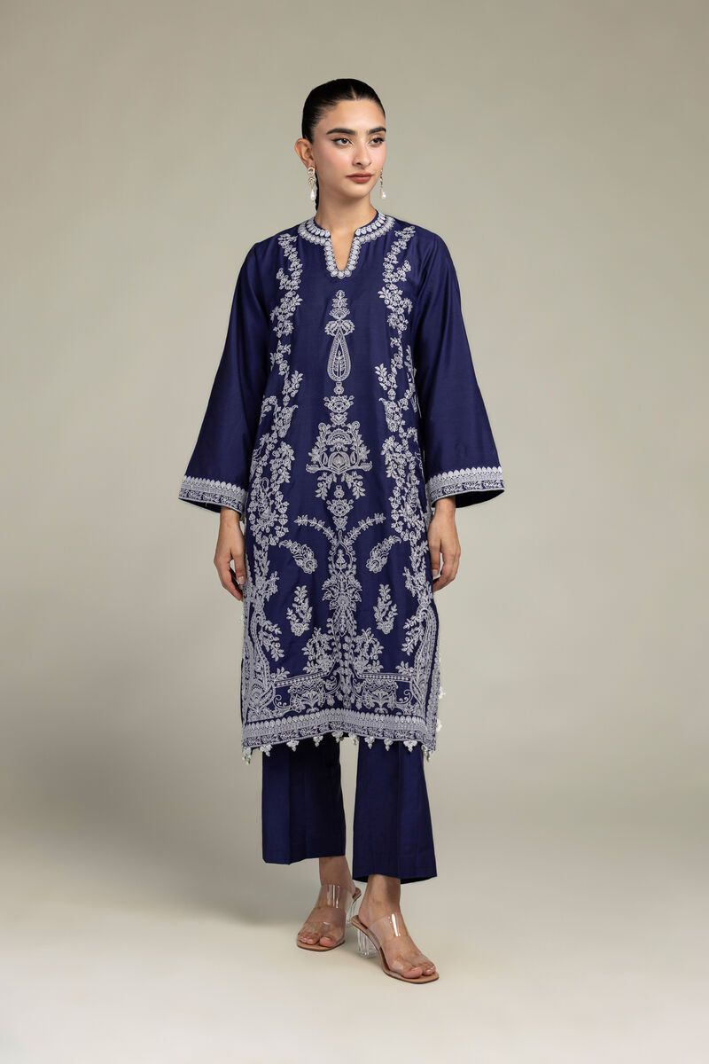 Raw Silk | Navy Floral Kurta | USD 75.00