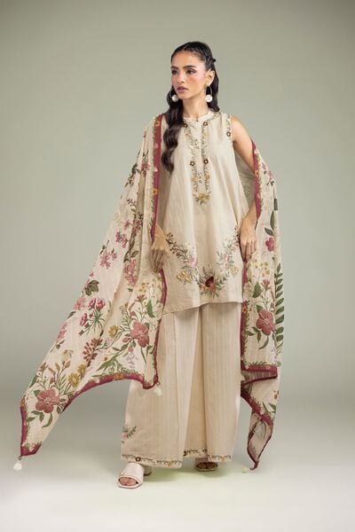 Embroidered | Textured Cotton | Beige Sleeveless Kurta | USD 45.00
