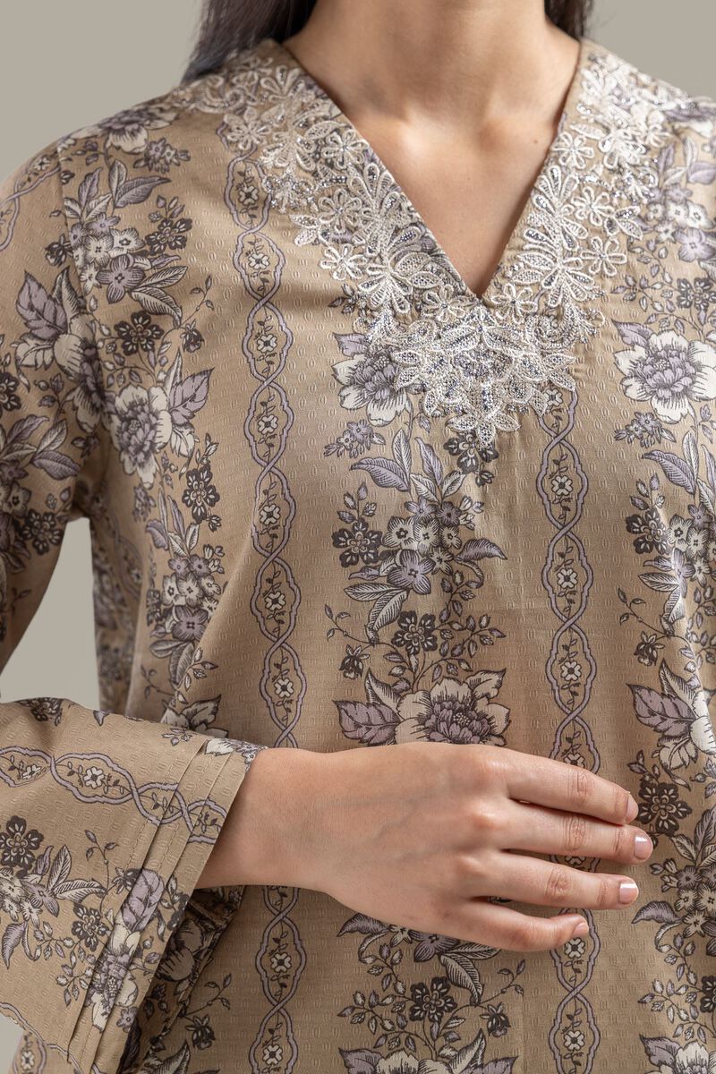 Embroidered | Cotton Dobby | Beige V-Neck Kurta | USD 35.00