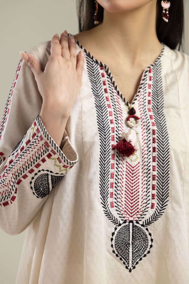Embroidered |Cotton Dobby | Short White Kurta | USD 35.00
