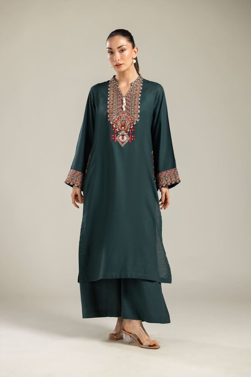 Embroidered | Raw Silk | Green Longline Kurta | USD 55.00
