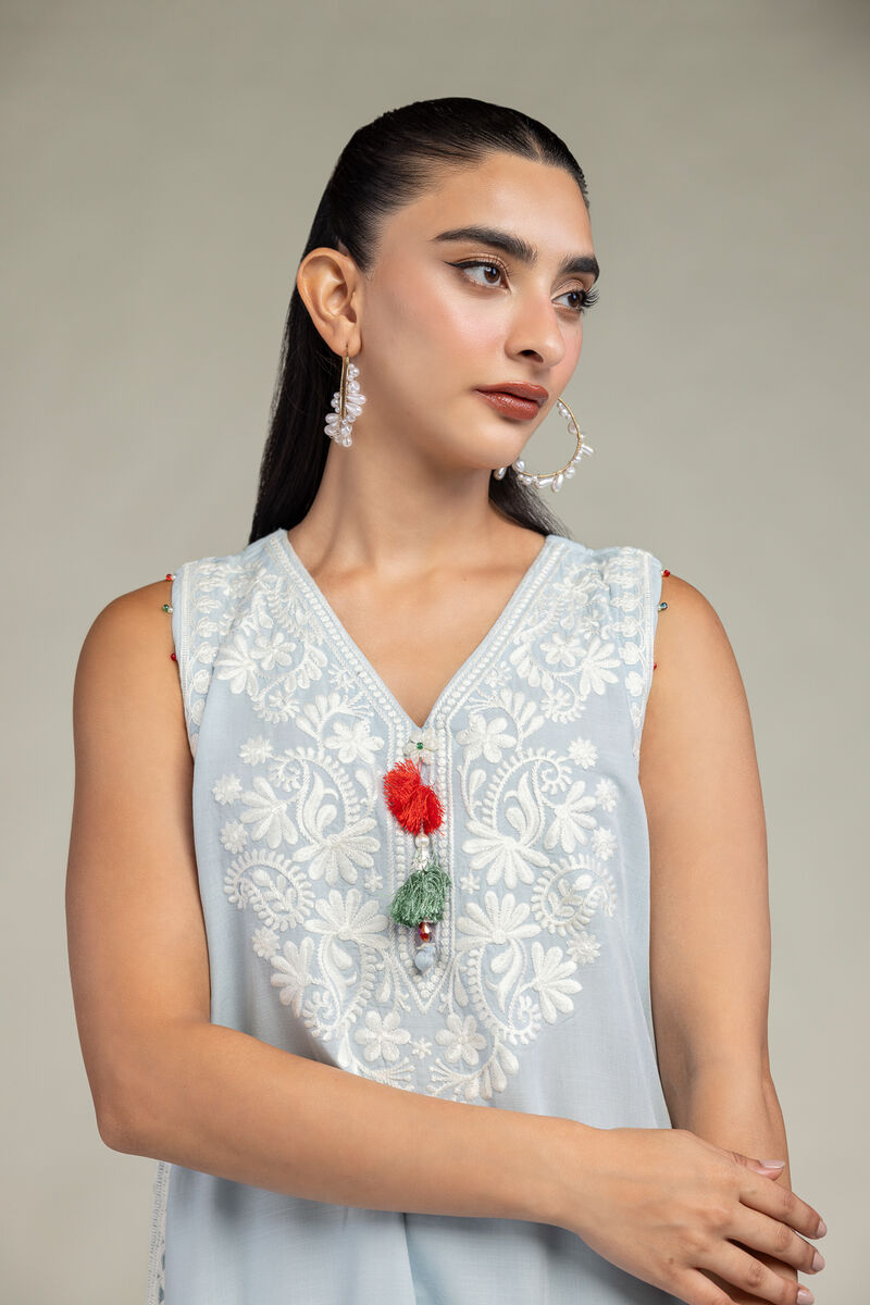 Embroidered | Raw Silk | Sleeveless V-Neck Kurta | USD 55.00