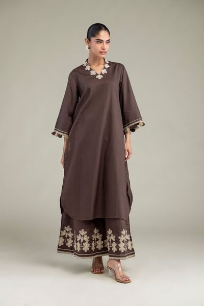 Embroidered | Cotton Dobby | Floral Brown Pants | USD 35.00