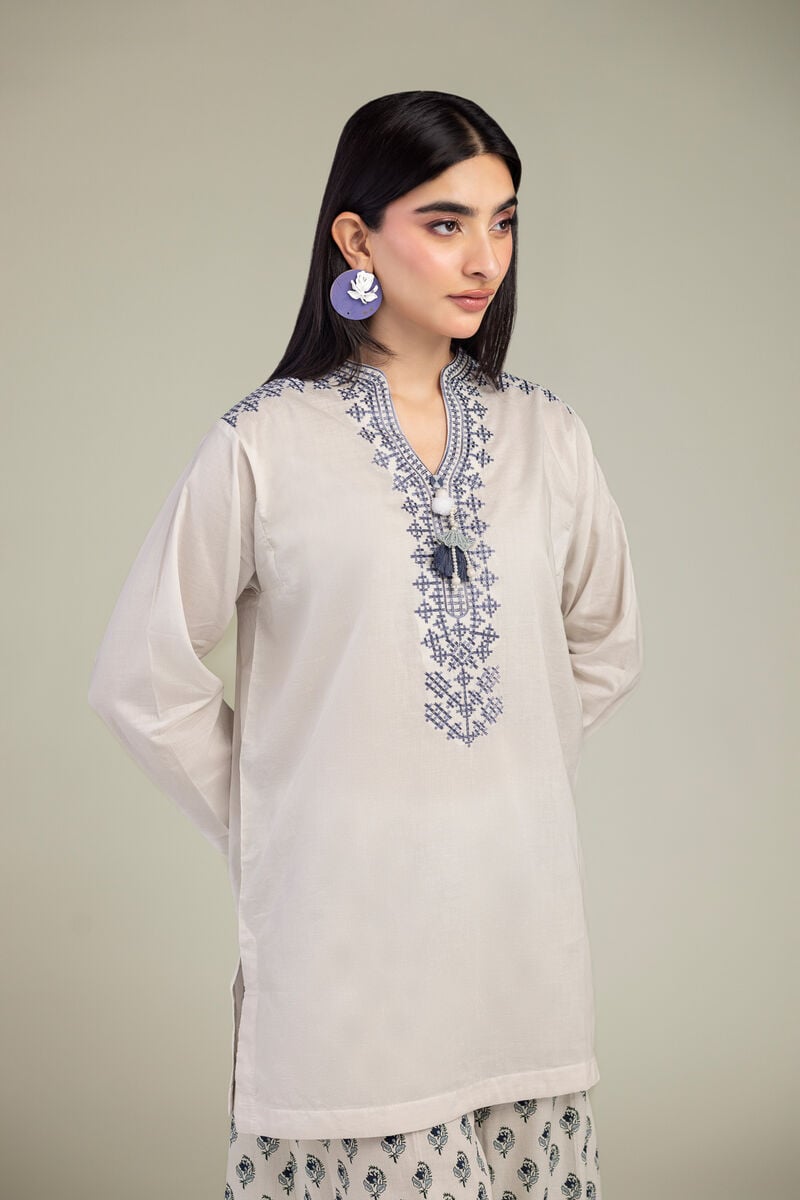 Embroidered | Cambric | White V-Neck Kurta | USD 35.00