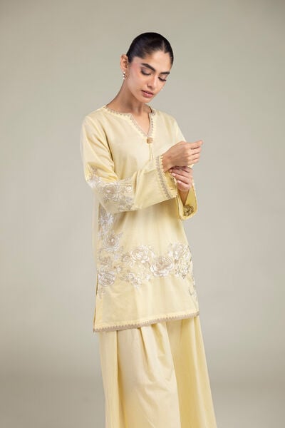 Embroidered | Cambric | Floral Yellow Kurta | USD 45.00