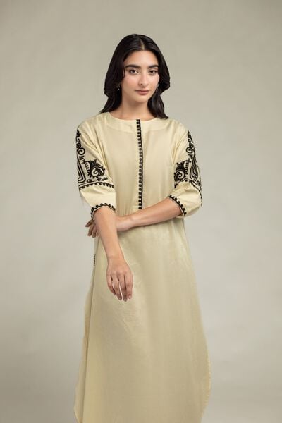 Embroidered | Cambric | Beige Round-Neck Kurta | USD 45.00