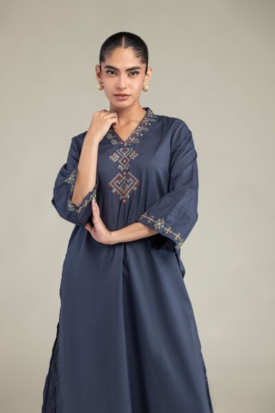 Embroidered | Cambric | V-Neck Navy Kurta | USD 40.00