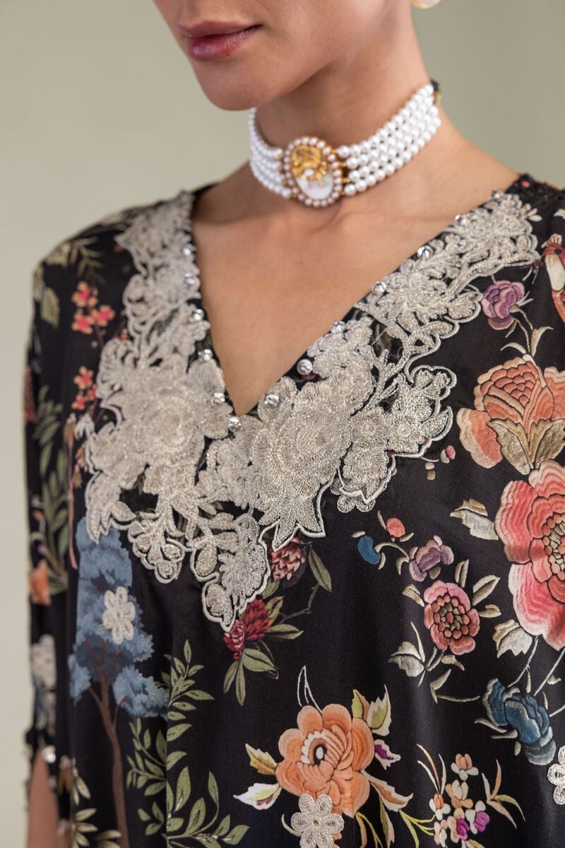 Embroidered | Raw Silk | Black V-Neck Kurta | USD 45.00