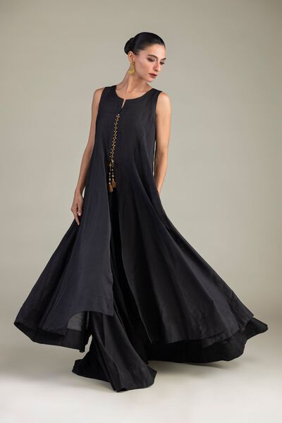 Dyed | Textured Raw Silk | Black Sleeveless Kurta | USD 55.00
