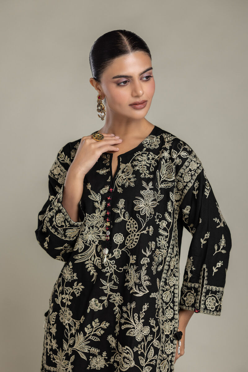 Embroidered | Raw Silk | Black Floral Kurta | USD 80.00