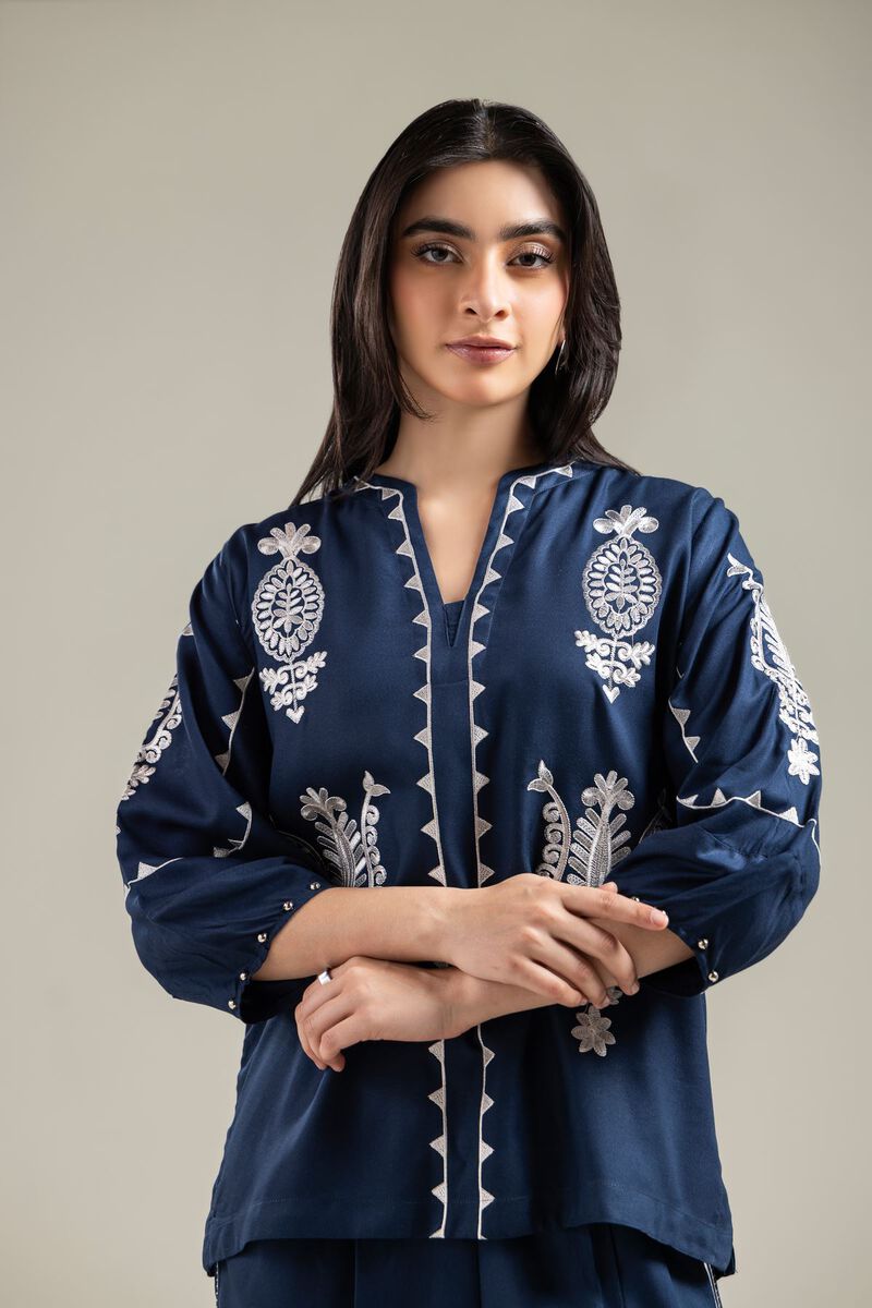 Embroidered | Viscose Crepe | Embroidered Navy Blouse | USD 40.00