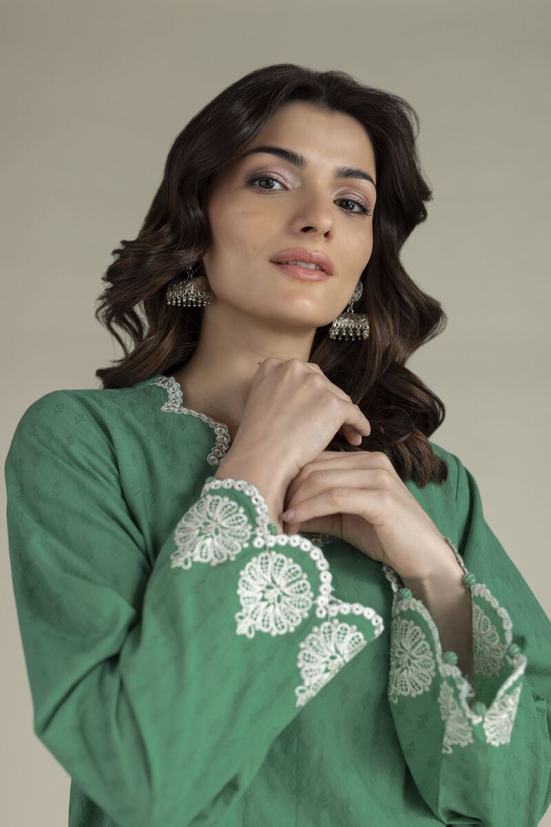 Embroidered | Cotton Dobby | Green Tailored Set | USD 65.00