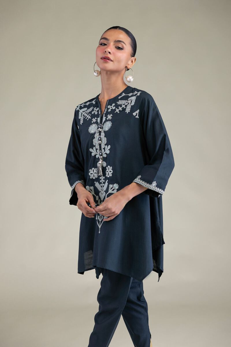 Embroidered | Raw Silk | Floral Navy Kurta | USD 40.00