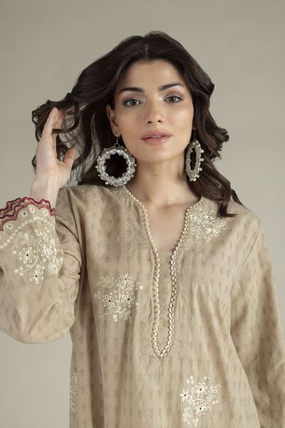 Embroidered | Cotton Dobby | Beige Tailored Suit | USD 65.00