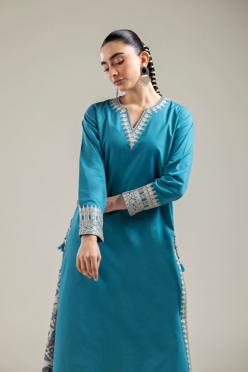 Embroidered |Cotton Dobby | Teal Cotton Kurta | USD 40.00