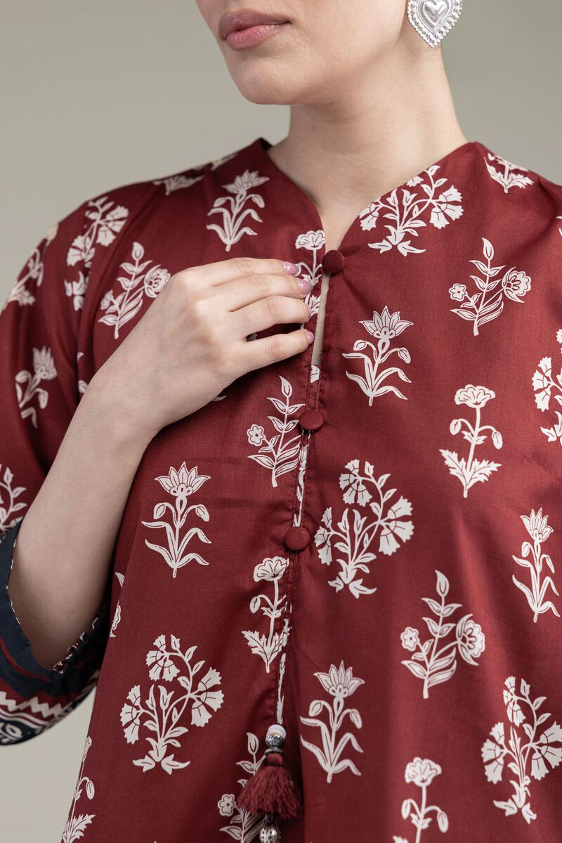 Printed | Cambric | Maroon Cambric Kurta | USD 30.00