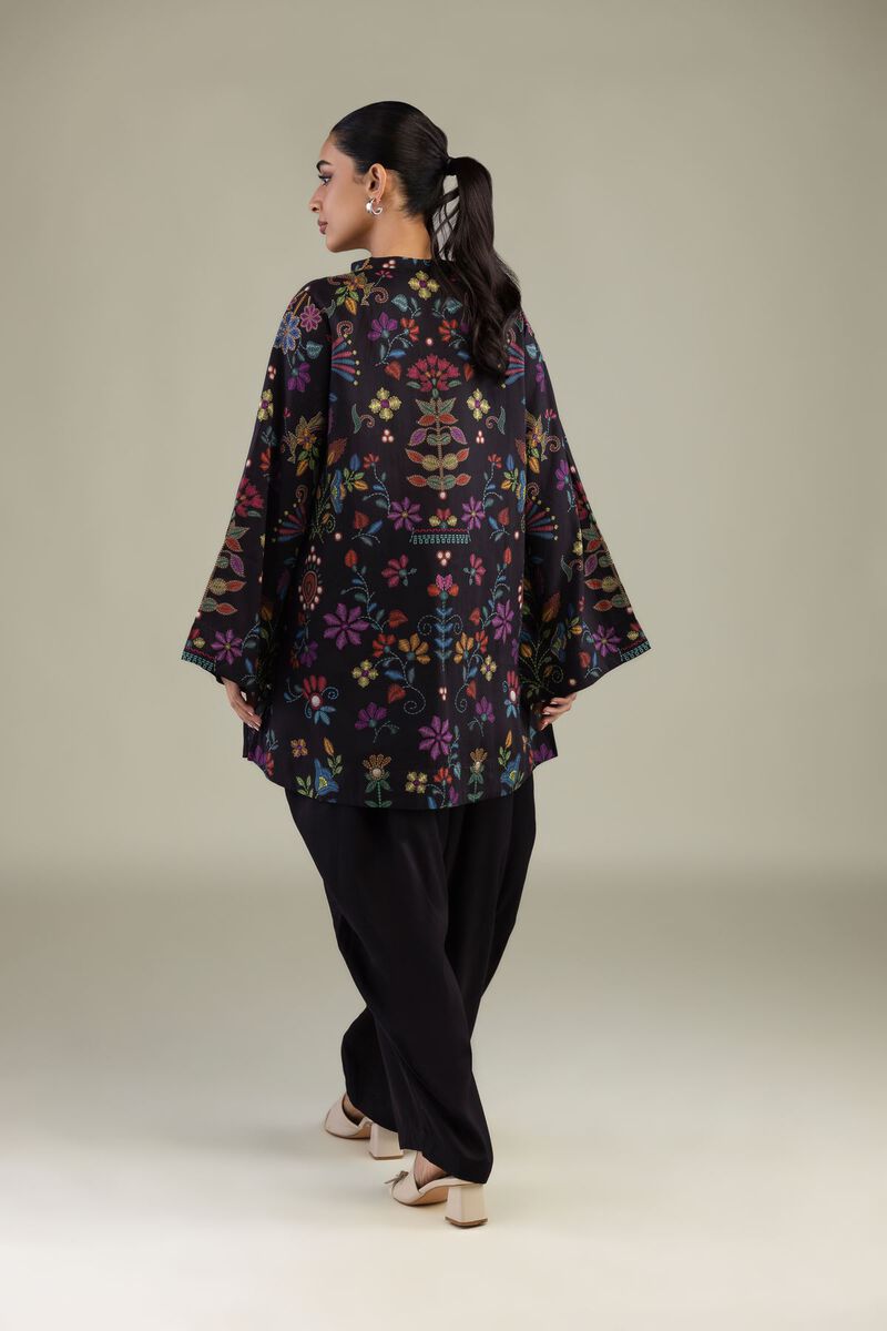 Printed | Textured Weave | Black V-Neck Kurta | USD 35.00