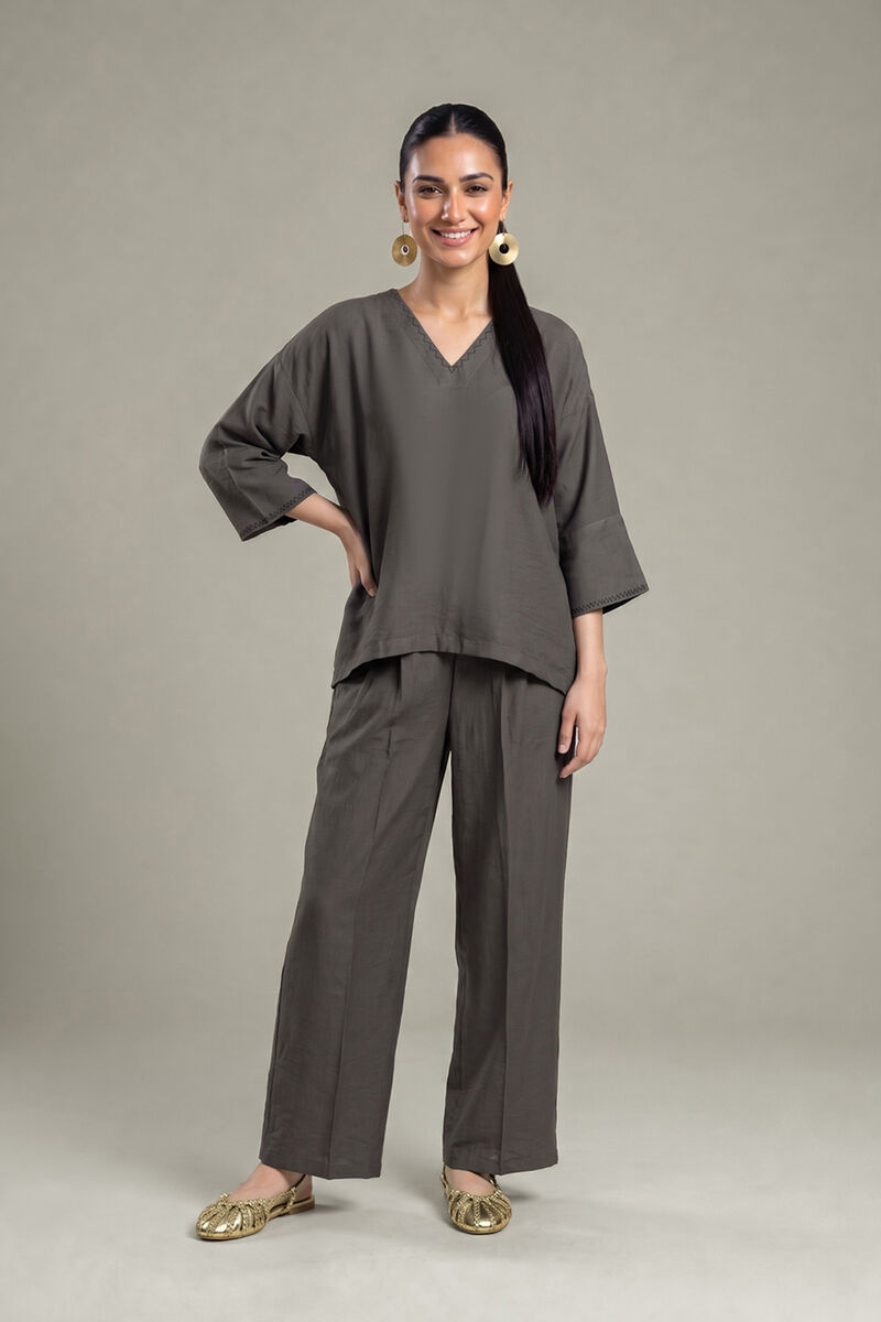 Dyed | Crepe | Solid V-Neck Tunic | USD 40.00