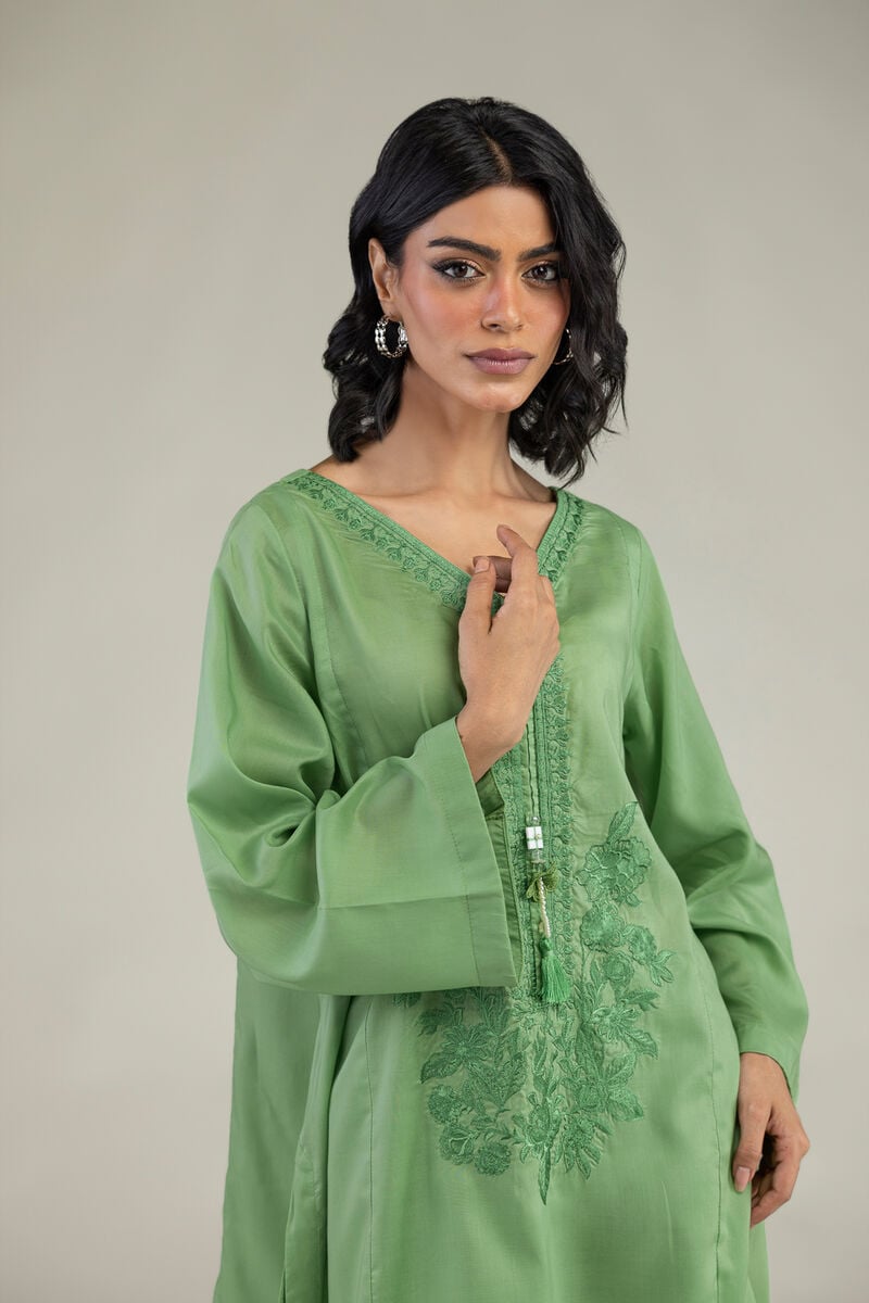Embroidered | Lyocell | Green V-Neck Kurta | USD 40.00