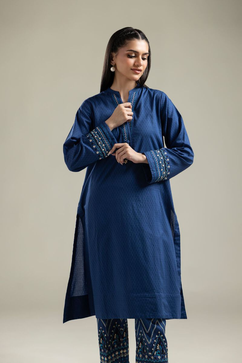 Embroidered |Cotton Dobby | Blue Longline Kurta | USD 35.00