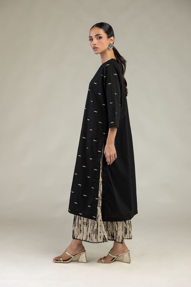 Textured Cotton | Embroidered | Black V-Neck Kurta | USD 40.00