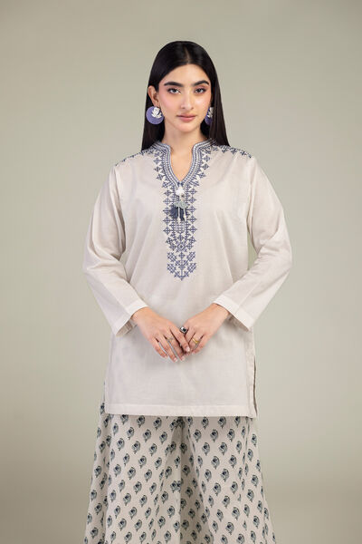 Embroidered | Cambric | White V-Neck Kurta | USD 35.00