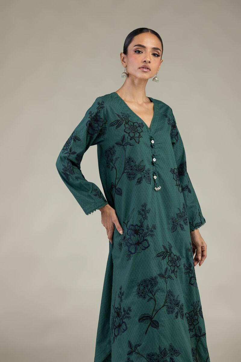 Embroidered | Cotton Dobby | Green Longline Kurta | USD 60.00
