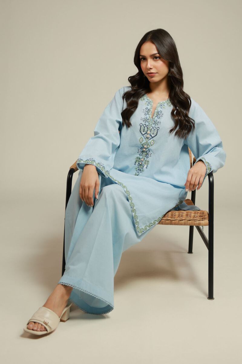 Embroidered | Cambric | Blue 2-Piece Tailored | USD 55.00