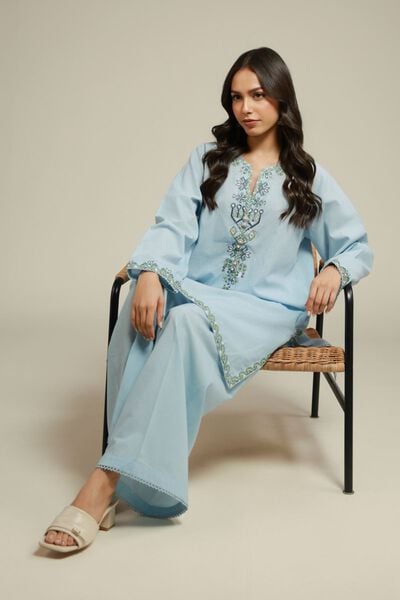 Embroidered | Cambric | Blue 2-Piece Tailored | USD 55.00