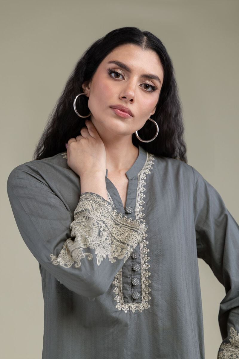 Embroidered | Cotton Dobby | Gray Cotton Kurta | USD 45.00