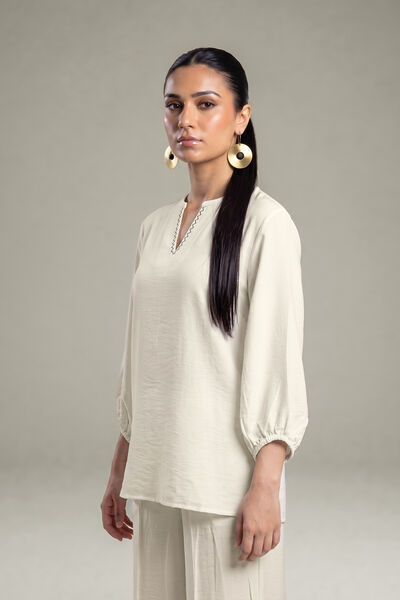 Dyed | Crepe | Short Solid Blouse | USD 40.00