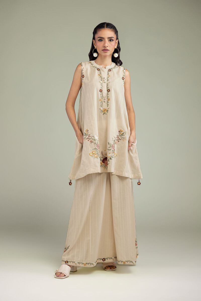 Embroidered | Textured Cotton | Beige Sleeveless Kurta | USD 45.00