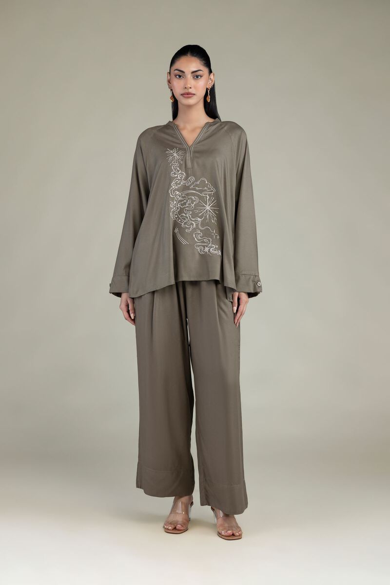 Embroidered | Viscose Crepe | Solid Olive Trousers | USD 30.00