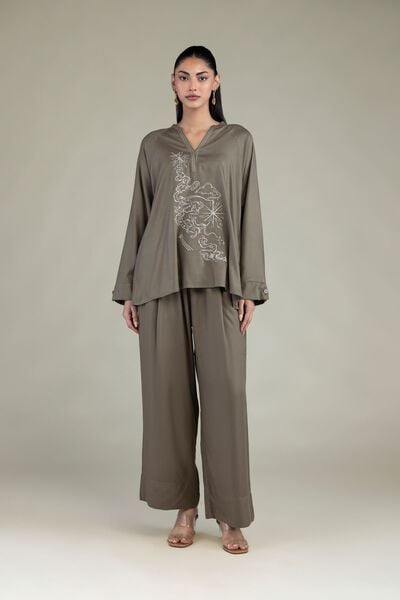 Embroidered | Viscose Crepe | Solid Olive Trousers | USD 30.00