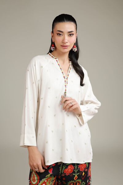 Embroidered | Viscose Crepe | Viscose V-Neck Tunic | USD 40.00