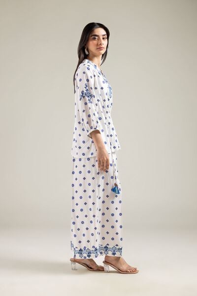 Embroidered | Viscose Crepe | Geometric White Trousers | USD 30.00