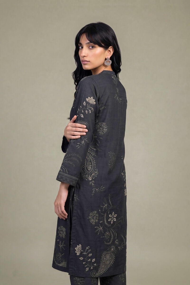 Printed | Light Khaddar | Black V-Neck Kurta | USD 40.00